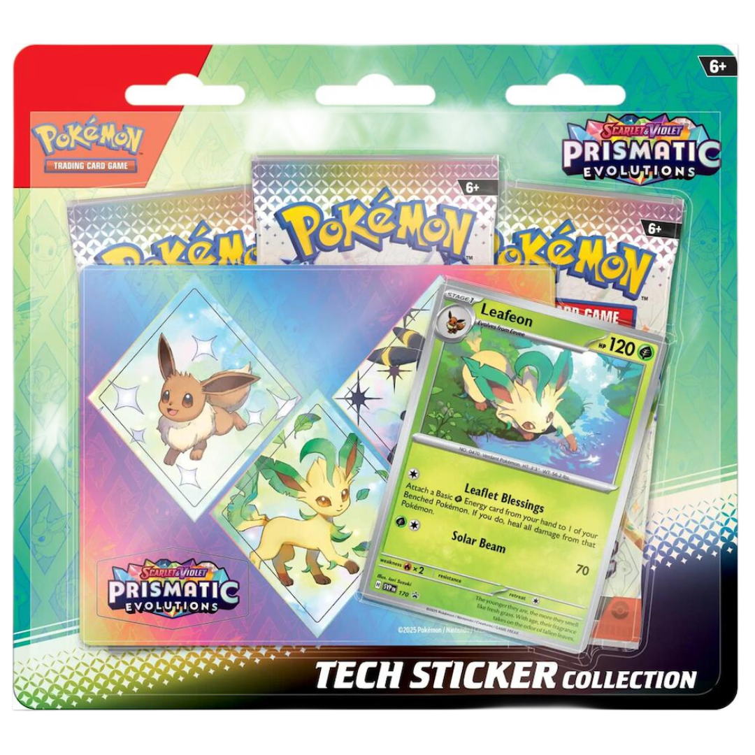 Prismatic Evolutions Leafeon Tech Sticker Collection Ingles (3 Pack Blister) - Scarlet & Violet: Pokemon TCG