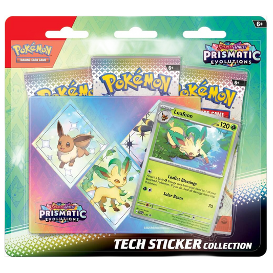 Prismatic Evolutions Leafeon Tech Sticker Collection Ingles (3 Pack Blister) - Scarlet & Violet: Pokemon TCG